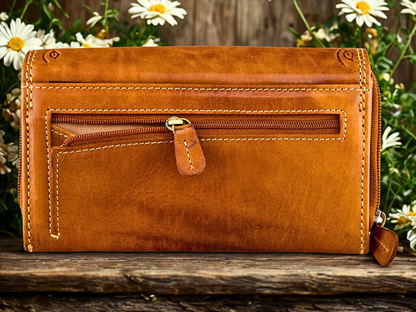 RFID Leather Wallet for Women Back View | Handmade Buffalo Leather Zip-Around Handbag | The Leather Gift Co