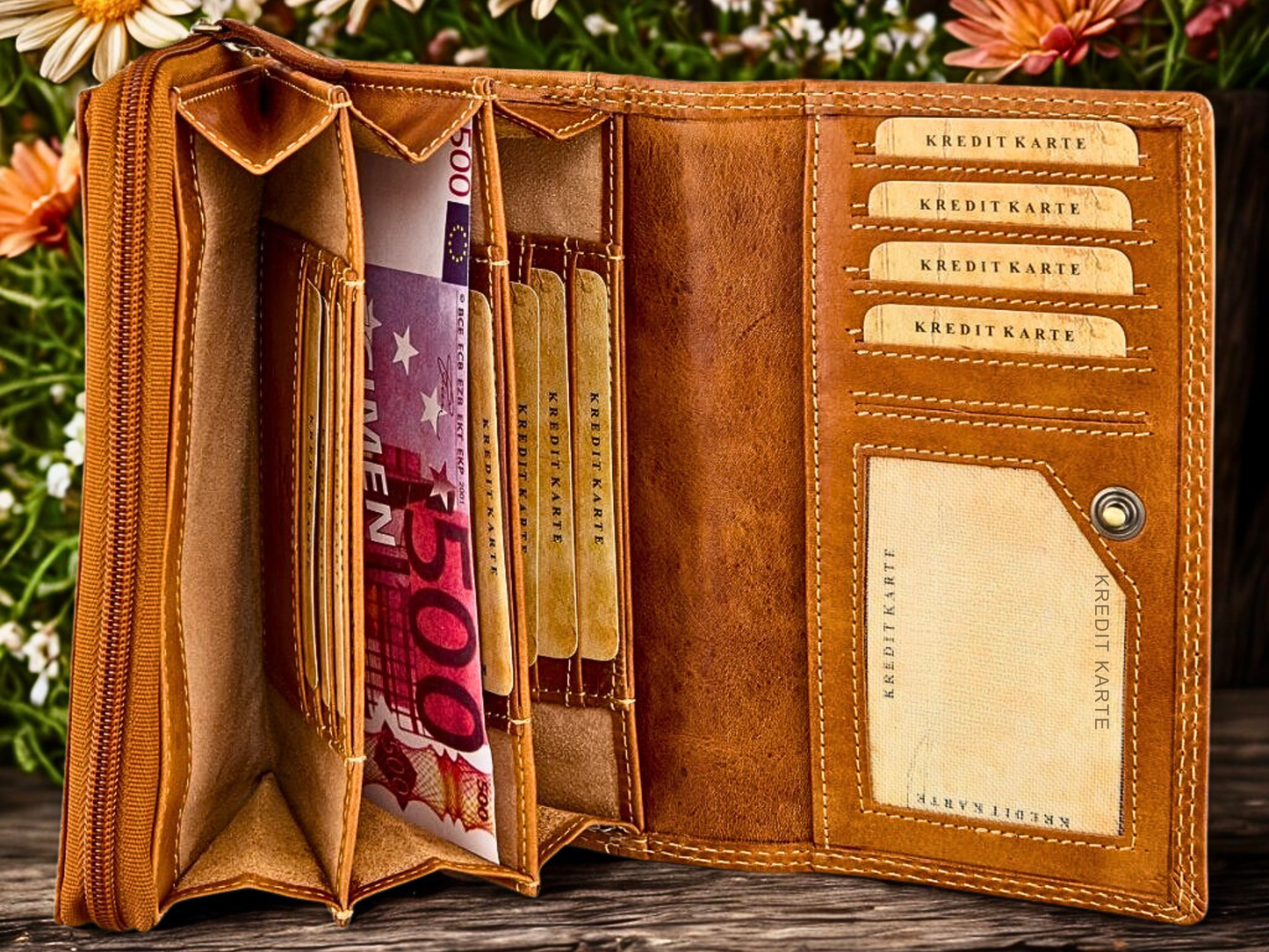 Inside View of Women's Buffalo Leather Wallet | 10 Card Slots, Clear ID Window & Zipper Pockets | The Leather Gift Co