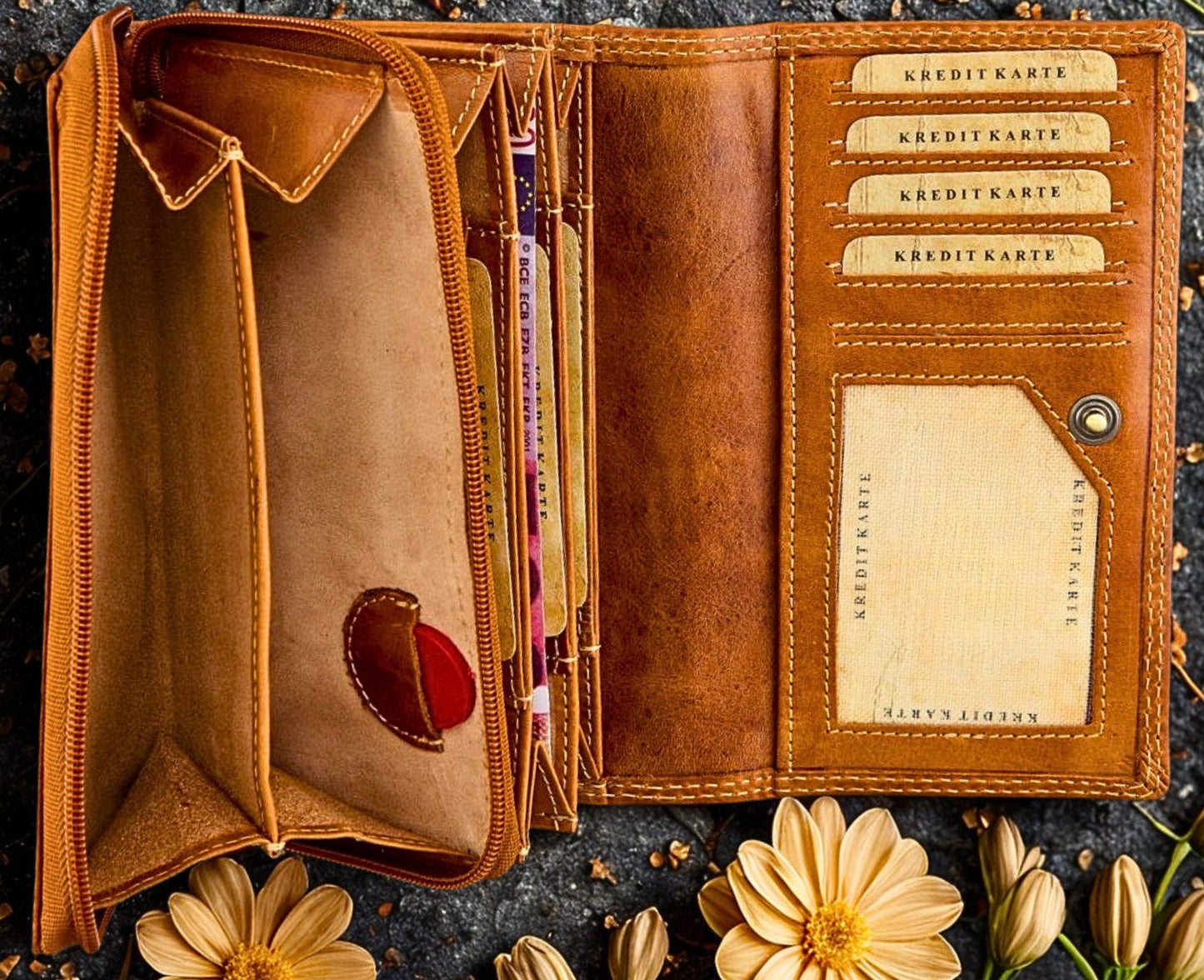 Second Internal View of Women's Zip-Around Leather Purse | Coin Pocket & Bill Compartments | The Leather Gift Co