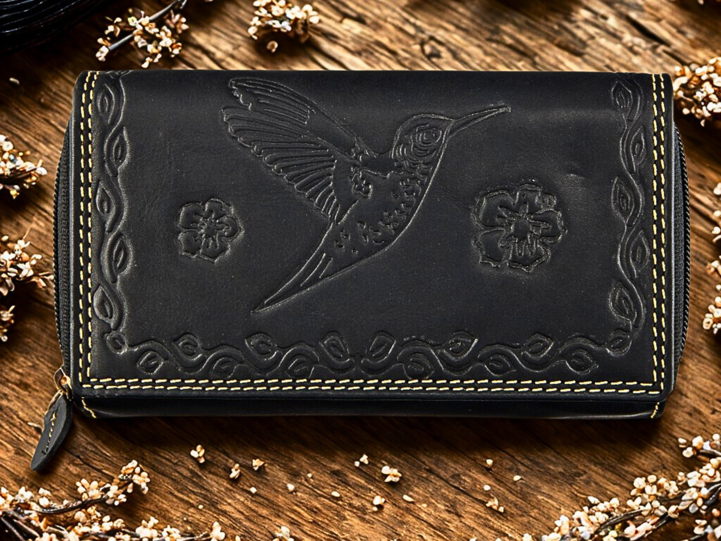 Black RFID Buffalo Leather Zip-Around Wallet for Women | Boho Bird & Floral Embossing | The Leather Gift Co