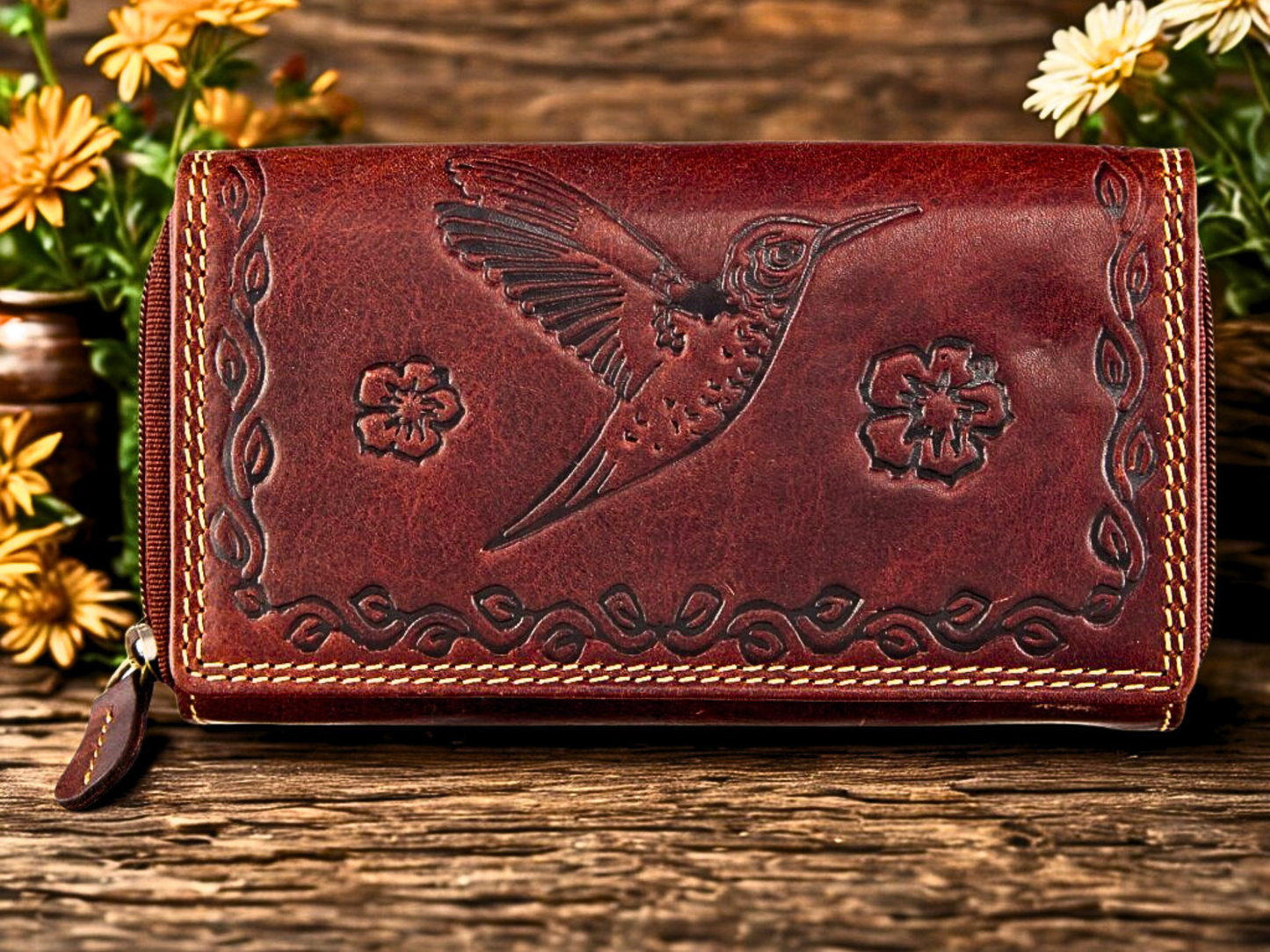 Brown RFID Buffalo Leather Zip-Around Wallet for Women | Boho Bird & Floral Embossing | The Leather Gift Co