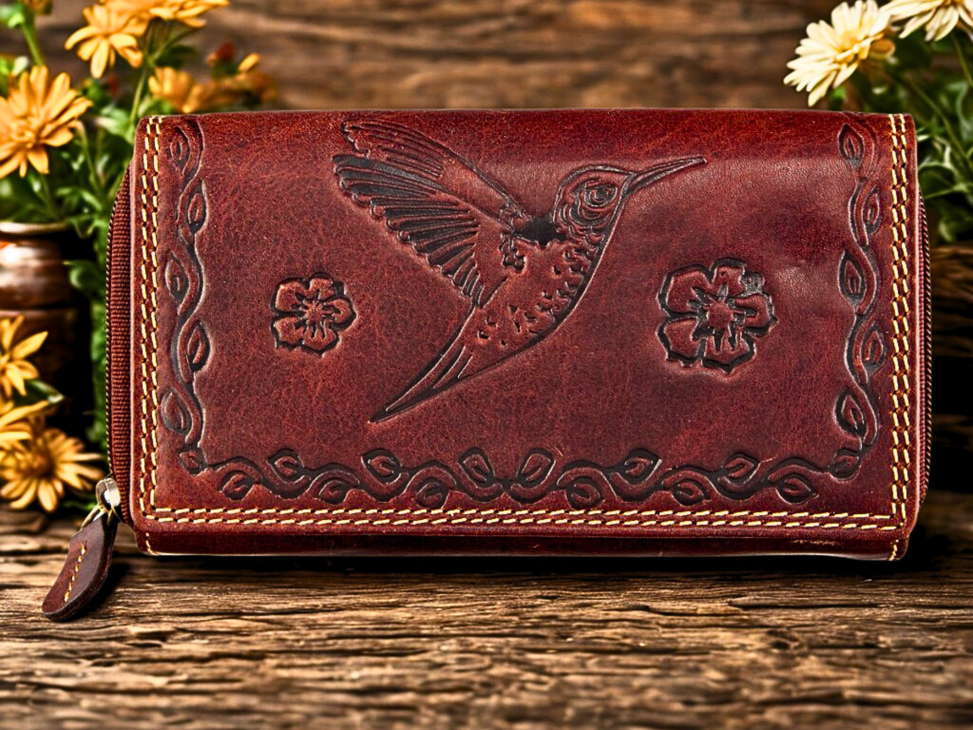 Brown RFID Buffalo Leather Zip-Around Wallet for Women | Boho Bird & Floral Embossing | The Leather Gift Co