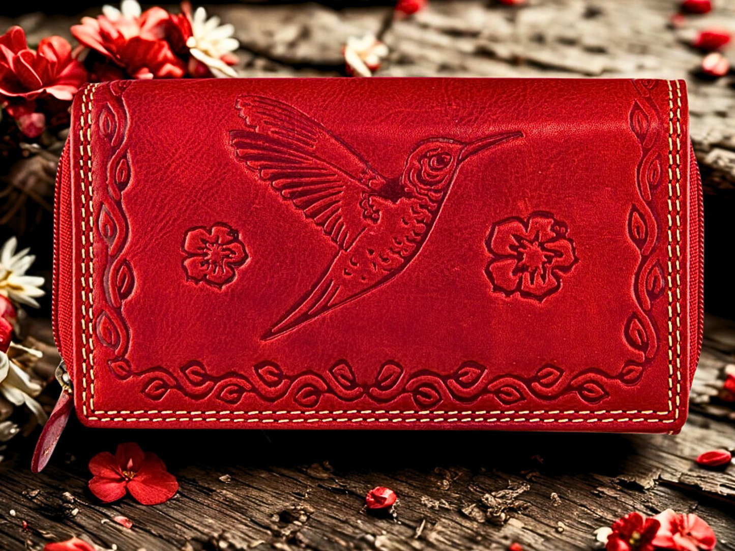 Red RFID Buffalo Leather Zip-Around Wallet for Women | Boho Bird & Floral Embossing | The Leather Gift Co