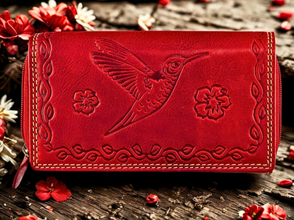 Red RFID Buffalo Leather Zip-Around Wallet for Women | Boho Bird & Floral Embossing | The Leather Gift Co