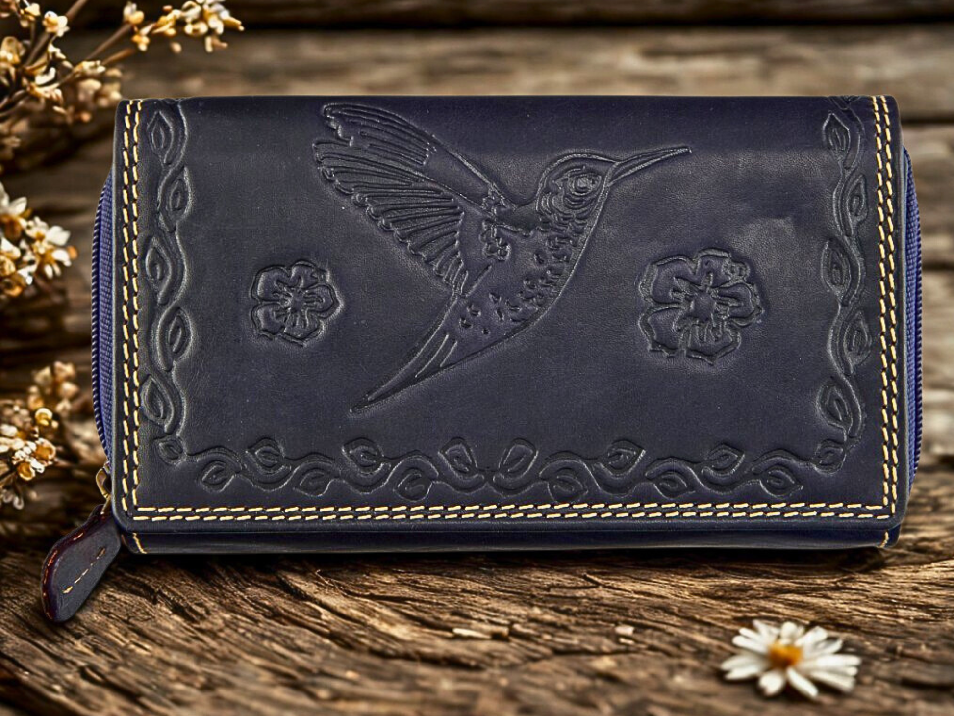 Navy RFID Buffalo Leather Zip-Around Wallet for Women | Boho Bird & Floral Embossing | The Leather Gift Co