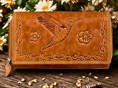 RFID Leather Wallet for Women Front View | Boho Bird & Floral Embossed Buffalo Leather Zip-Around Purse | The Leather Gift Co