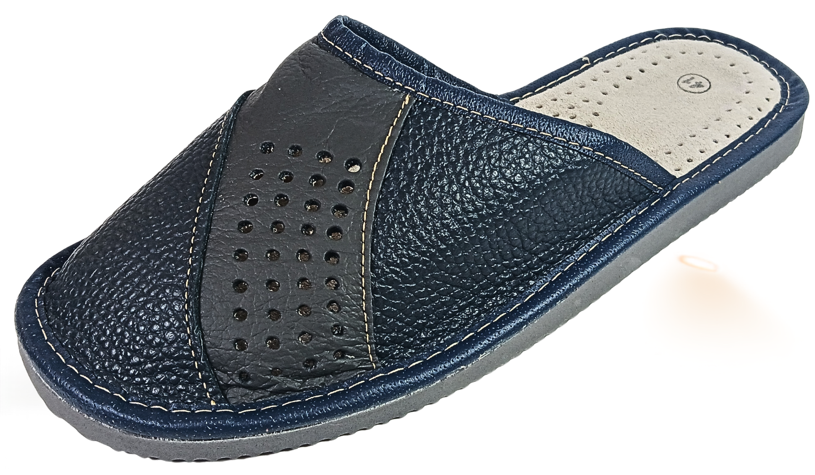 Men's handmade leather slippers in grey, side profile view, sheepskin insole, handmade in Poland
