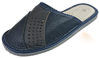 Men's handmade leather slippers in grey, side profile view, sheepskin insole, handmade in Poland