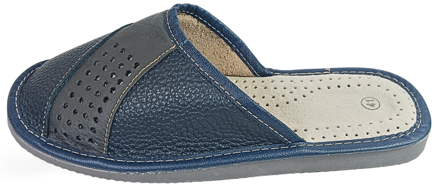 A single  leather slide sandal with a textured pebbled upper, perforated side panel, and a light beige insole, shown from a side profile on a white background.