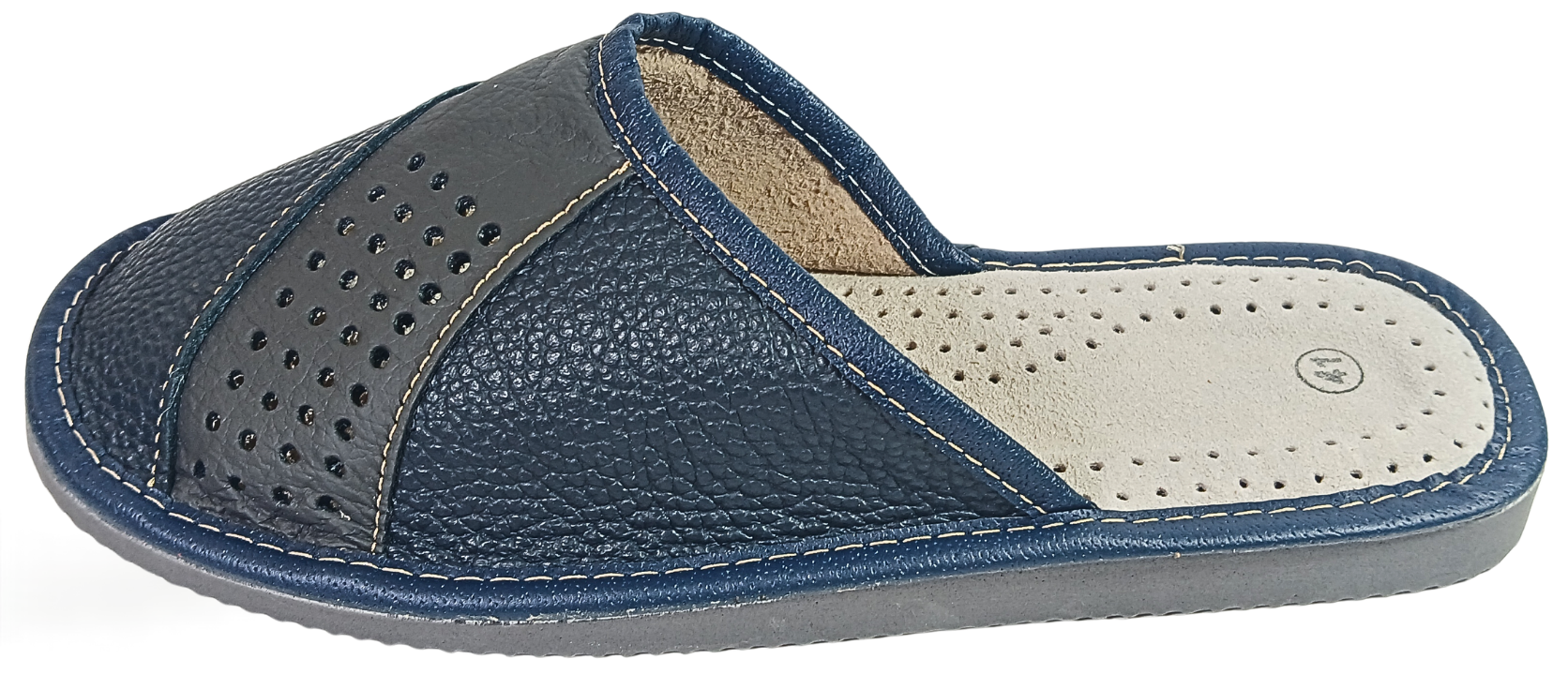 A single  leather slide sandal with a textured pebbled upper, perforated side panel, and a light beige insole, shown from a side profile on a white background.