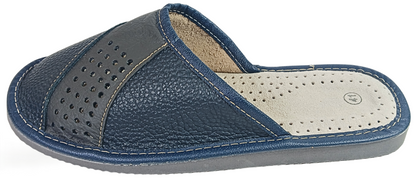 A single  leather slide sandal with a textured pebbled upper, perforated side panel, and a light beige insole, shown from a side profile on a white background.