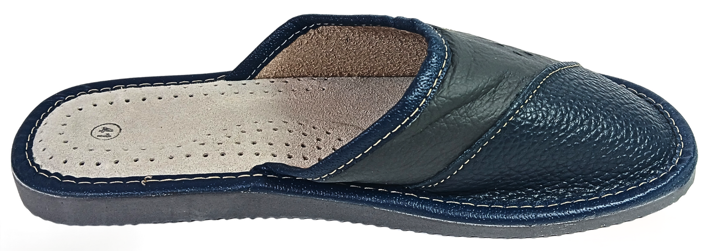 Men's leather slipper angled view showing perforated panel, sheepskin footbed, and hand-stitched EVA sole