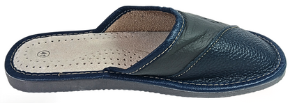 Men's leather slipper angled view showing perforated panel, sheepskin footbed, and hand-stitched EVA sole