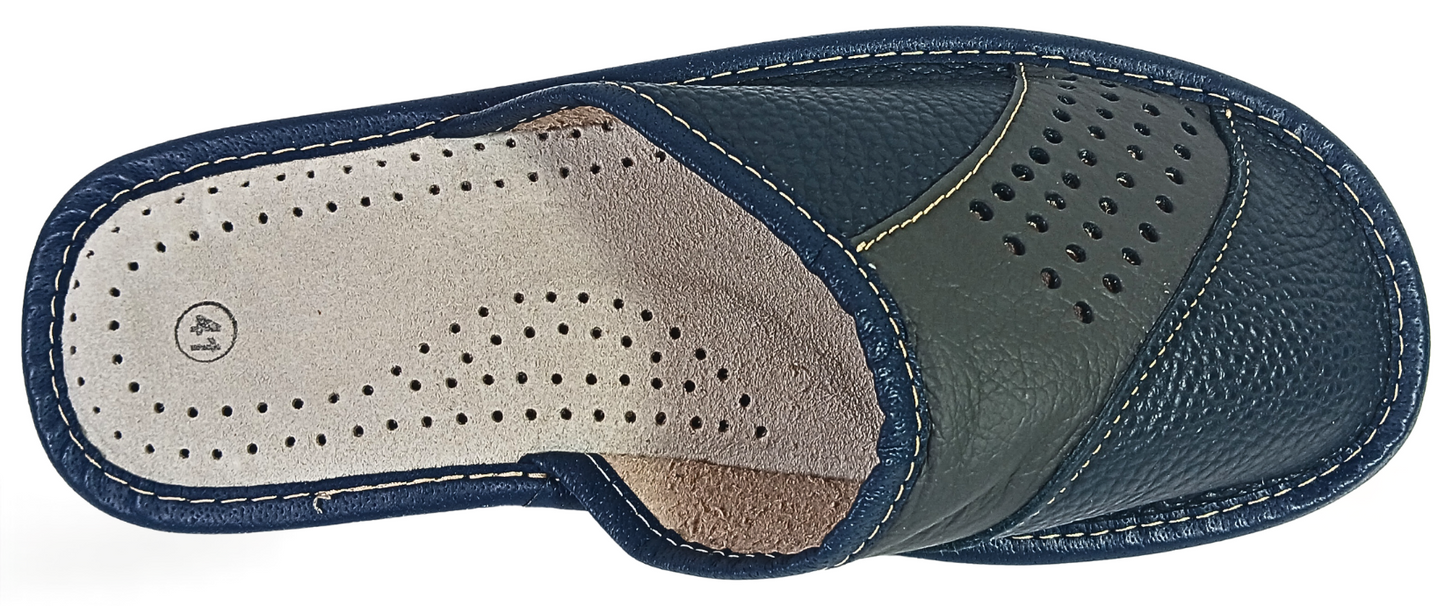 Top-down view of men's open-toe leather slipper with perforated panel and cushioned sheepskin footbed
