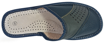 Top-down view of men's open-toe leather slipper with perforated panel and cushioned sheepskin footbed