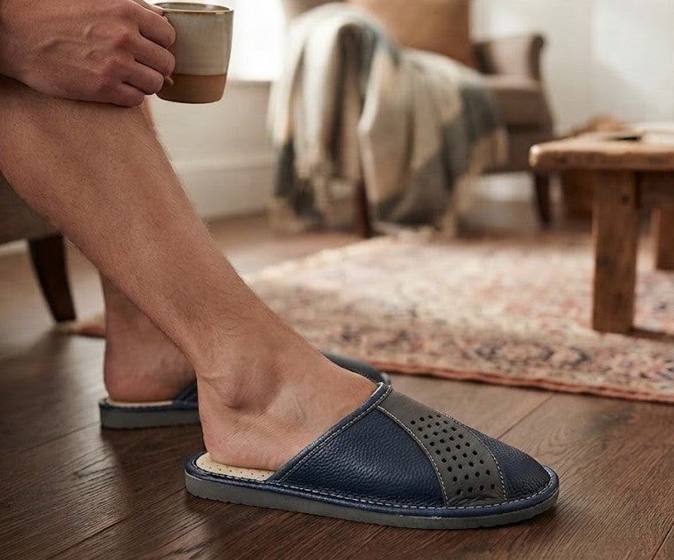 Men's Polish grey leather house slippers, full-grain cowhide upper with contrast stitching, handmade