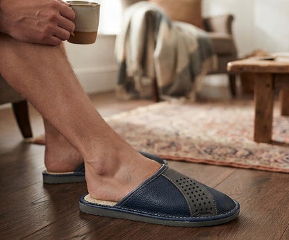 Men's Polish grey leather house slippers, full-grain cowhide upper with contrast stitching, handmade
