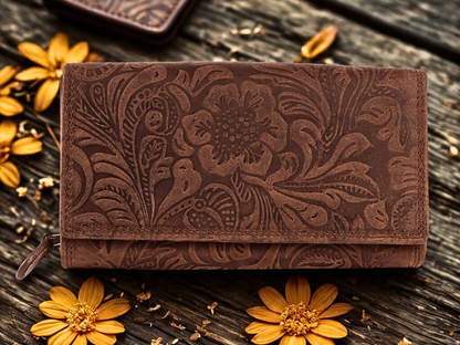 Brown floral embossed leather purse for women – handmade genuine hunter leather clutch wallet, The Leather Gift Co