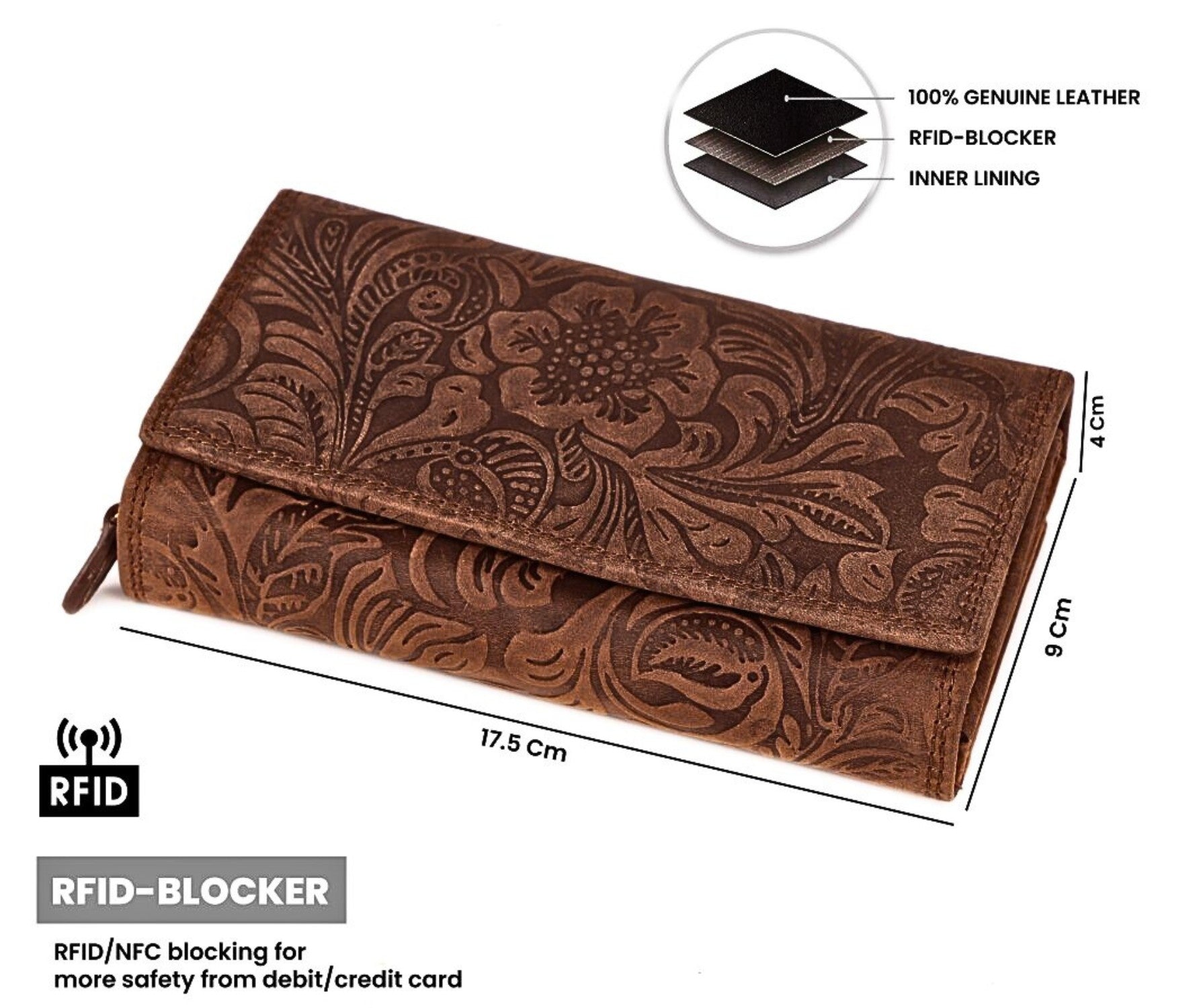 Natural hunter leather texture and floral embossing detail – genuine leather purse that develops rich patina over time