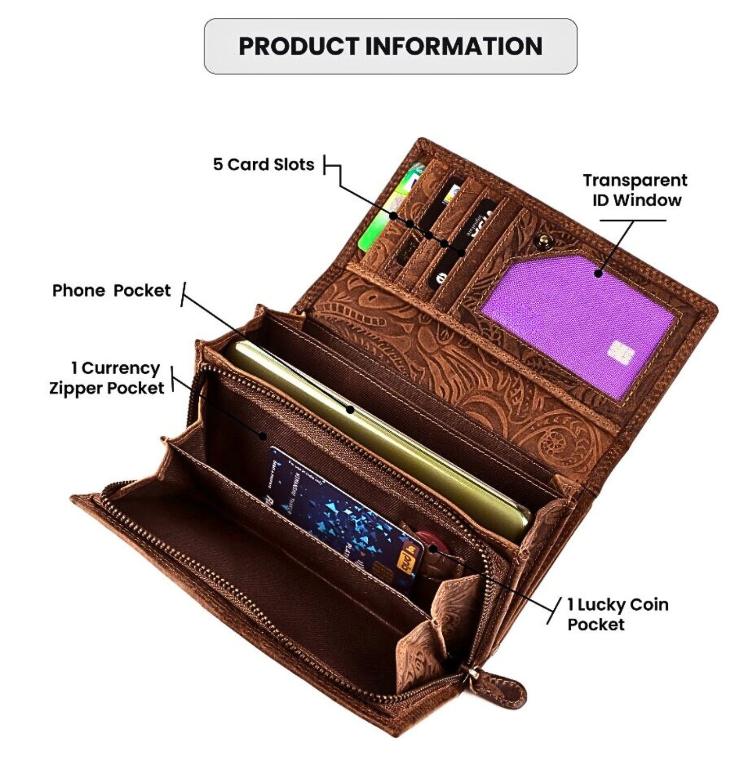 RFID-protected genuine hunter leather purse for women – floral embossed design, handmade