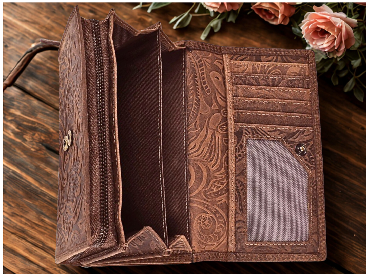 Interior of floral embossed leather purse showing 7 card slots, 3 banknote compartments and zip coin pocket