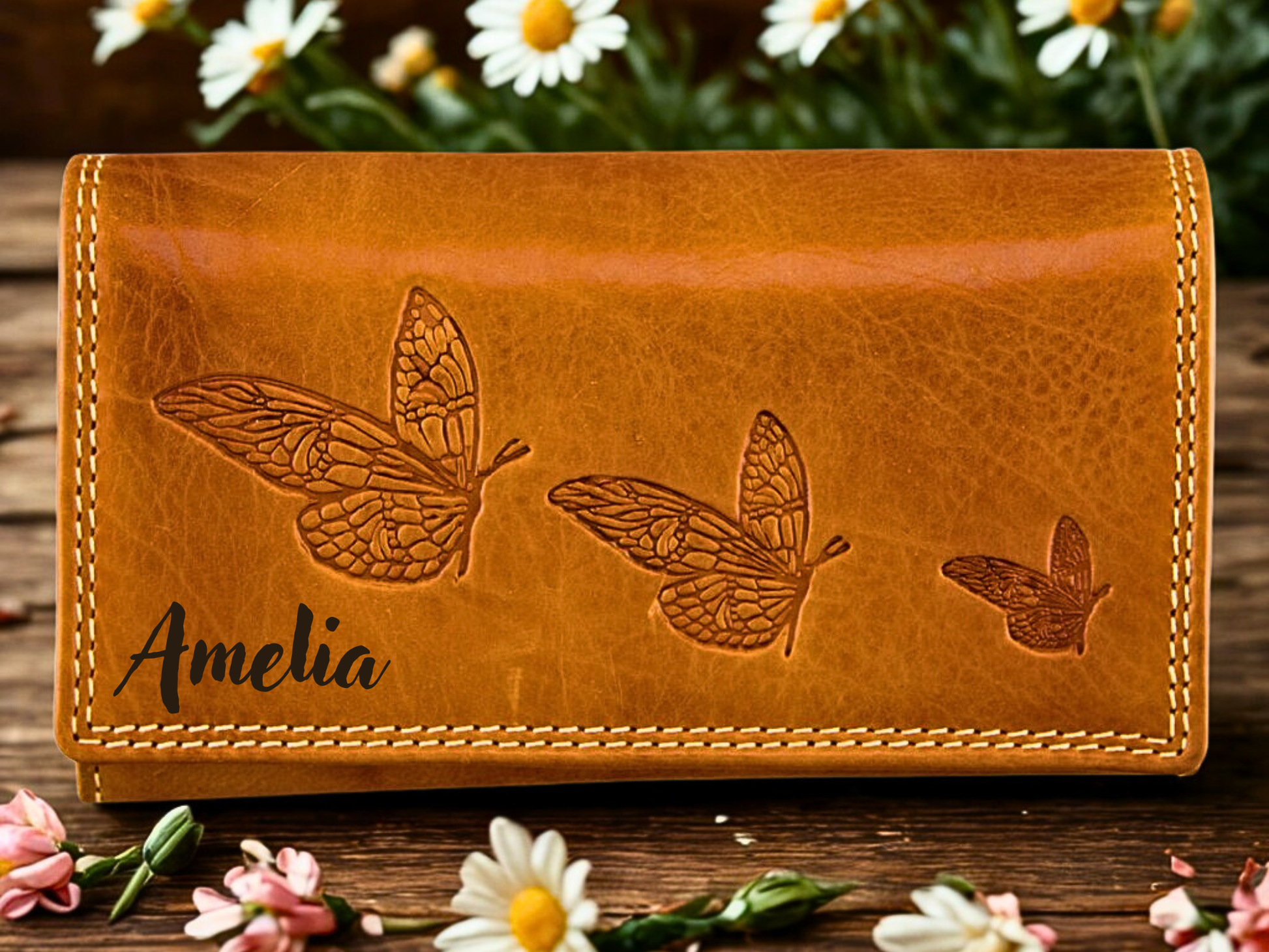 Women's leather wallet butterfly embossed RFID blocking personalized keepsake gift | The Leather Gift Co