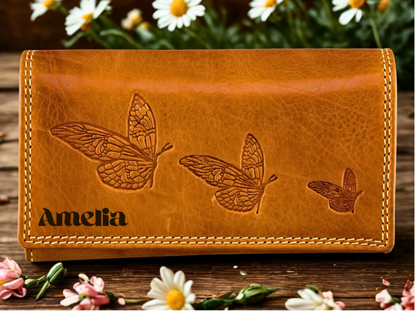 Handmade boho leather clutch wallet women butterfly detail personalized name engraving | The Leather Gift Co