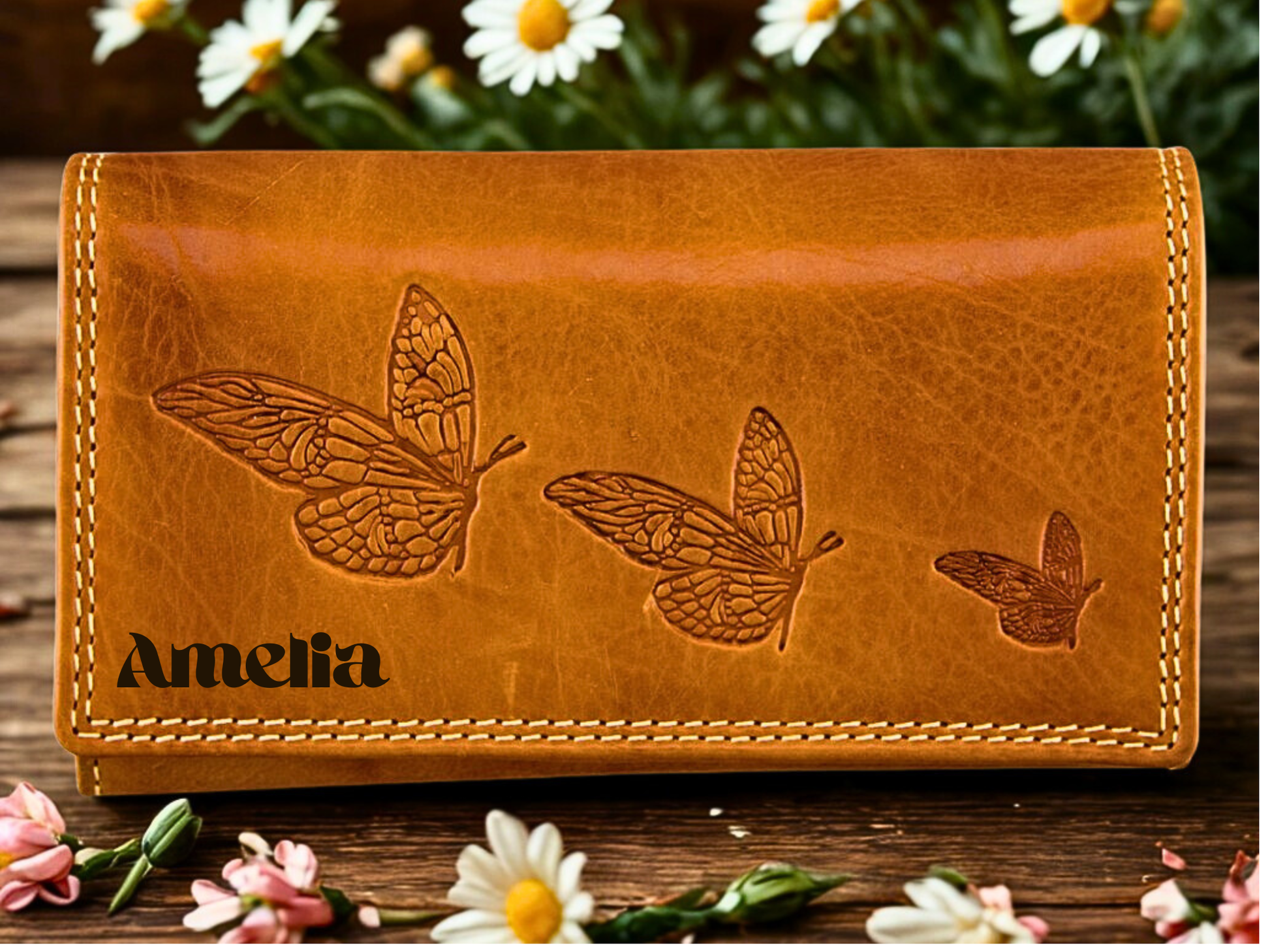 Handmade boho leather clutch wallet women butterfly detail personalized name engraving | The Leather Gift Co