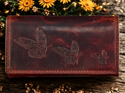 Personalized women's buffalo leather butterfly wallet zip-around clutch RFID blocking gift for her | The Leather Gift Co