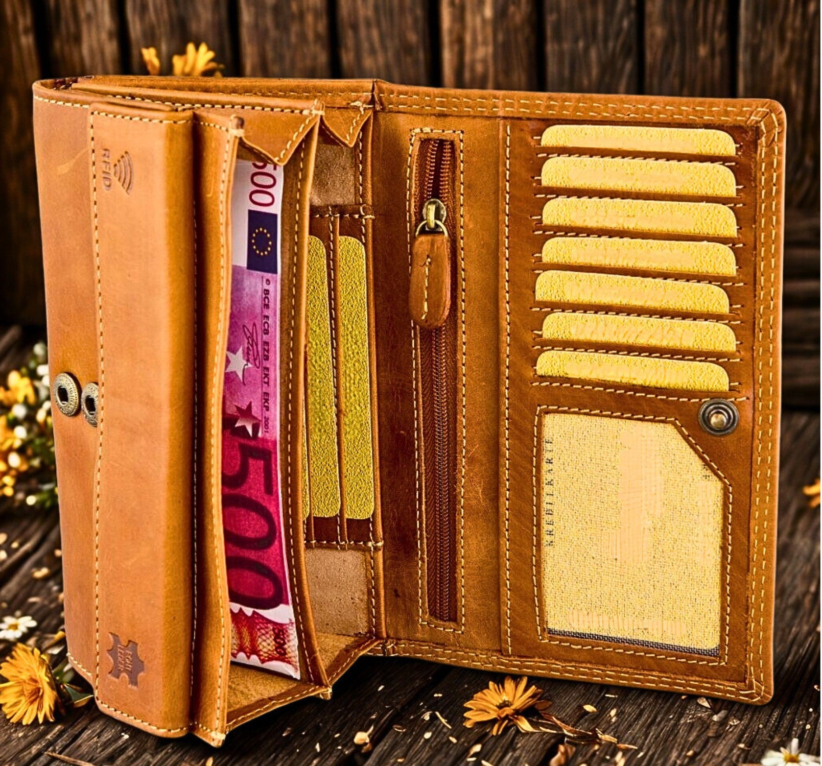 Women's boho buffalo leather wallet butterfly embossed RFID protection personalized engraving | The Leather Gift Co