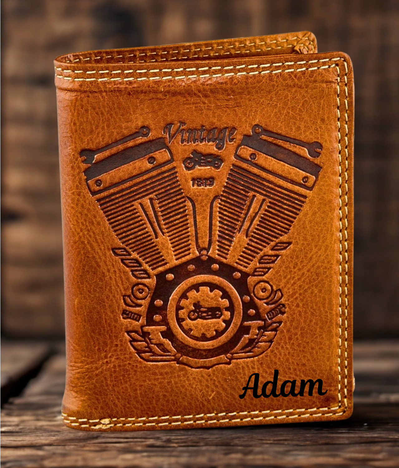 Handmade buffalo leather bifold wallet – engine motif detail