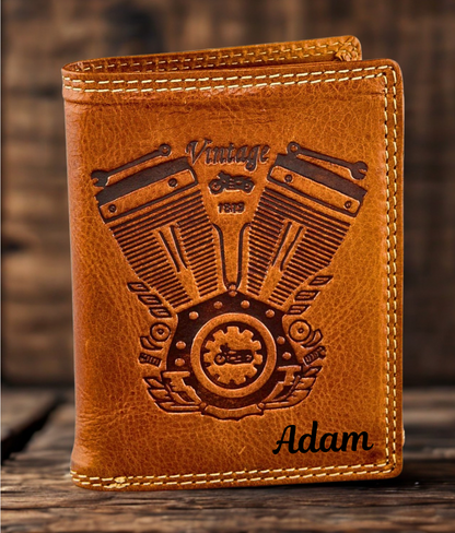 Handmade buffalo leather bifold wallet – engine motif detail