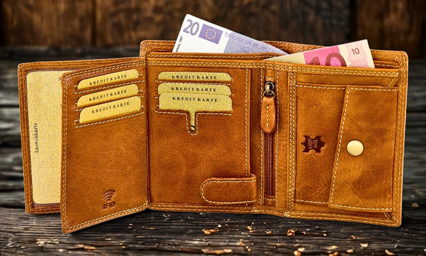 Cylinder engine embossed wallet in genuine buffalo leather