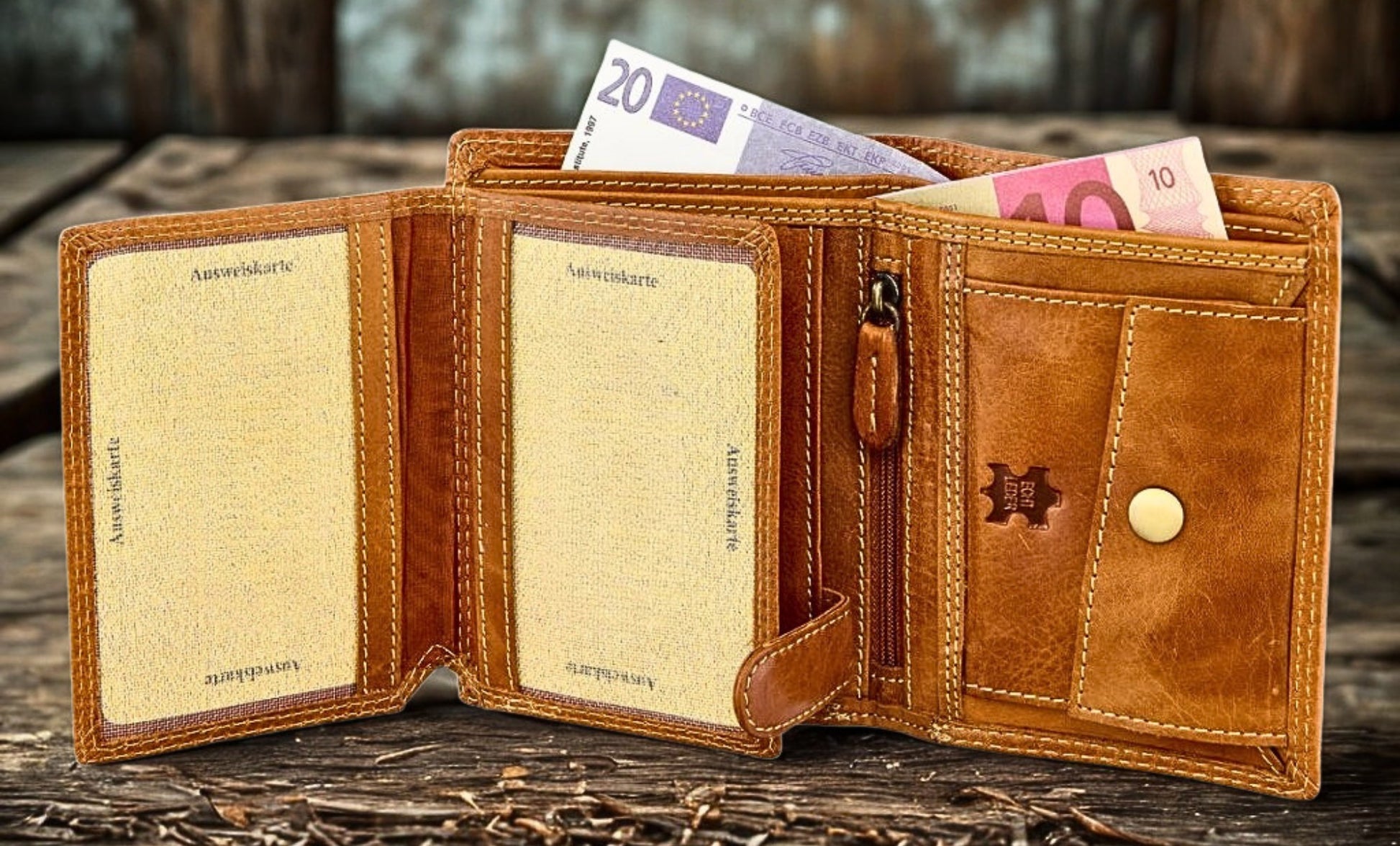 Men's bifold wallet interior with 2 large banknote compartments