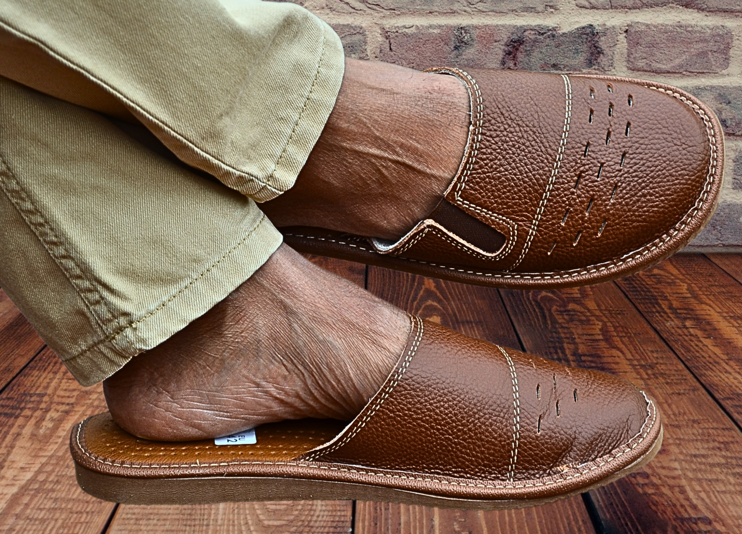 Men's genuine buffalo leather slippers - barefoot slip-on design with sheepskin insole