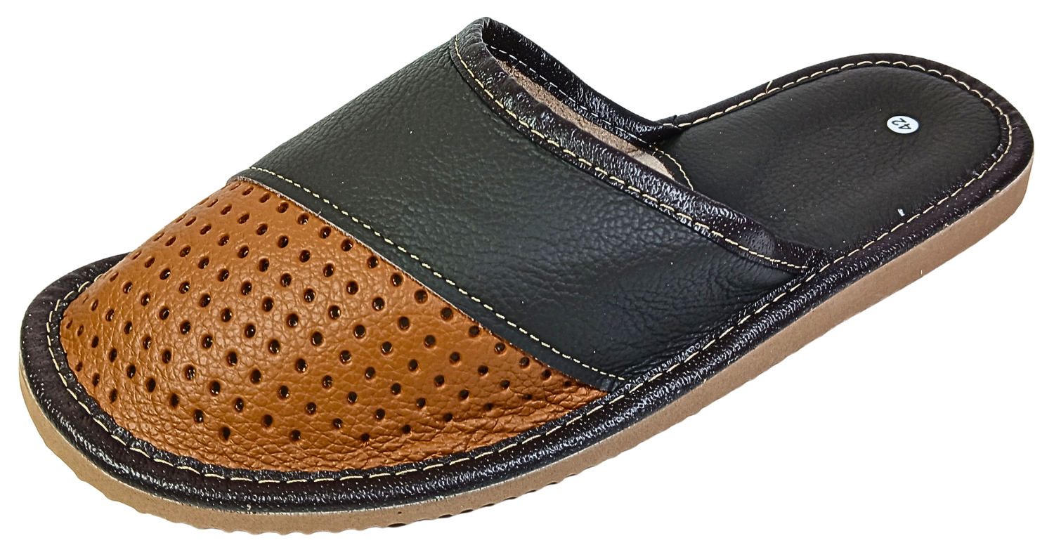 Three-quarter rear view of men's two-tone black and brown perforated leather open-toe slipper with tan rubber sole and gold hand-stitching — The Leather Gift Co