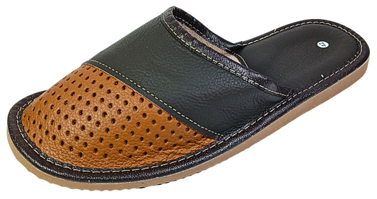 Three-quarter rear view of men's two-tone black and brown perforated leather open-toe slipper with tan rubber sole and gold hand-stitching — The Leather Gift Co
