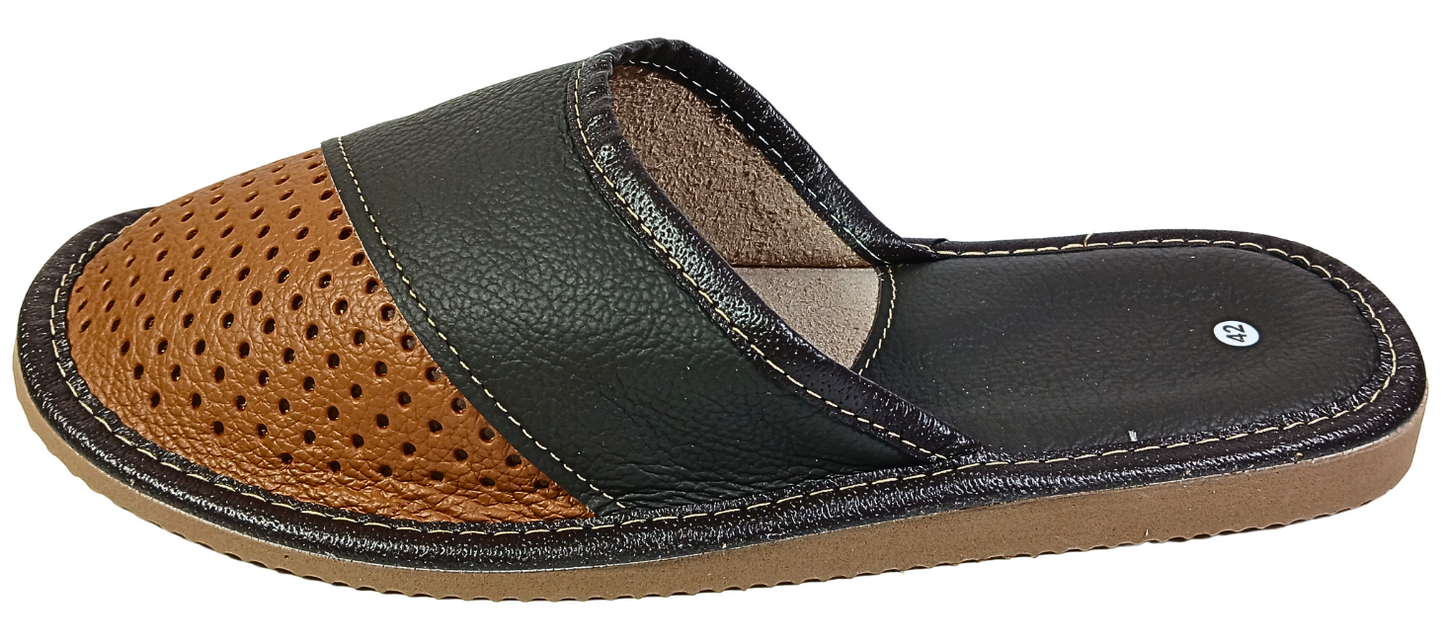 Side profile view of men's two-tone black and brown perforated leather slipper showing sheepskin insole and tan rubber outsole — The Leather Gift Co