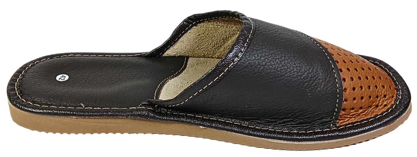Top-down view of men's two-tone black and brown open-toe leather slipper showing perforated tan vamp panel and suede insole — The Leather Gift Co