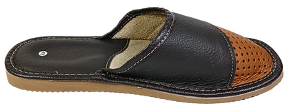 Top-down view of men's two-tone black and brown open-toe leather slipper showing perforated tan vamp panel and suede insole — The Leather Gift Co
