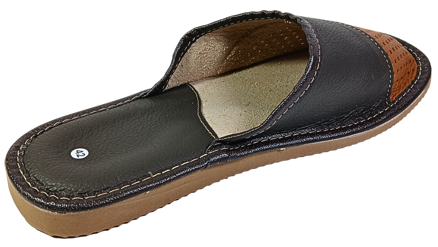 Top-down view of men's black leather open-toe slipper with beige perforated vamp panel and suede insole — The Leather Gift Co