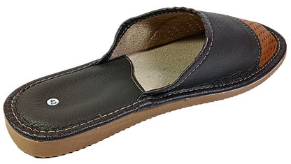 Top-down view of men's black leather open-toe slipper with beige perforated vamp panel and suede insole — The Leather Gift Co