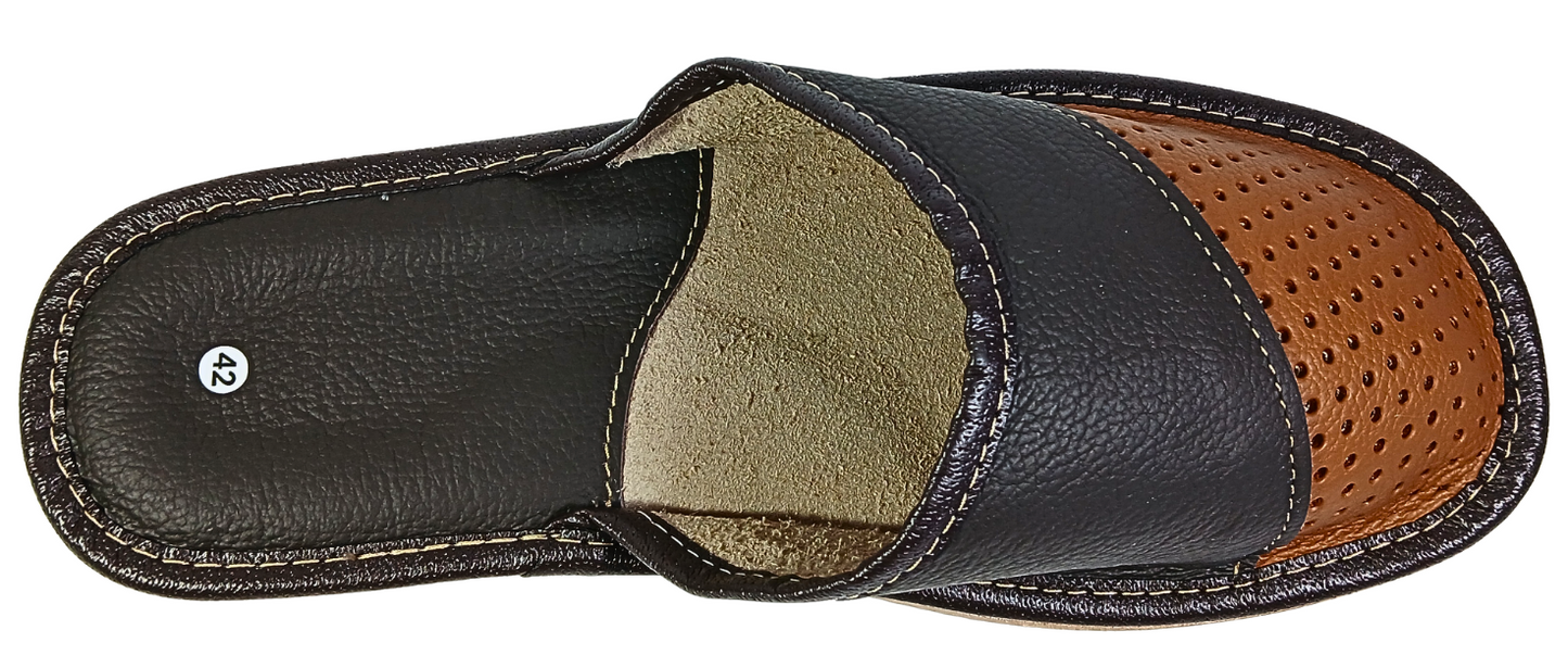 Front toe view of men's two-tone brown perforated leather slipper with black strap and tan rubber sole — The Leather Gift Co