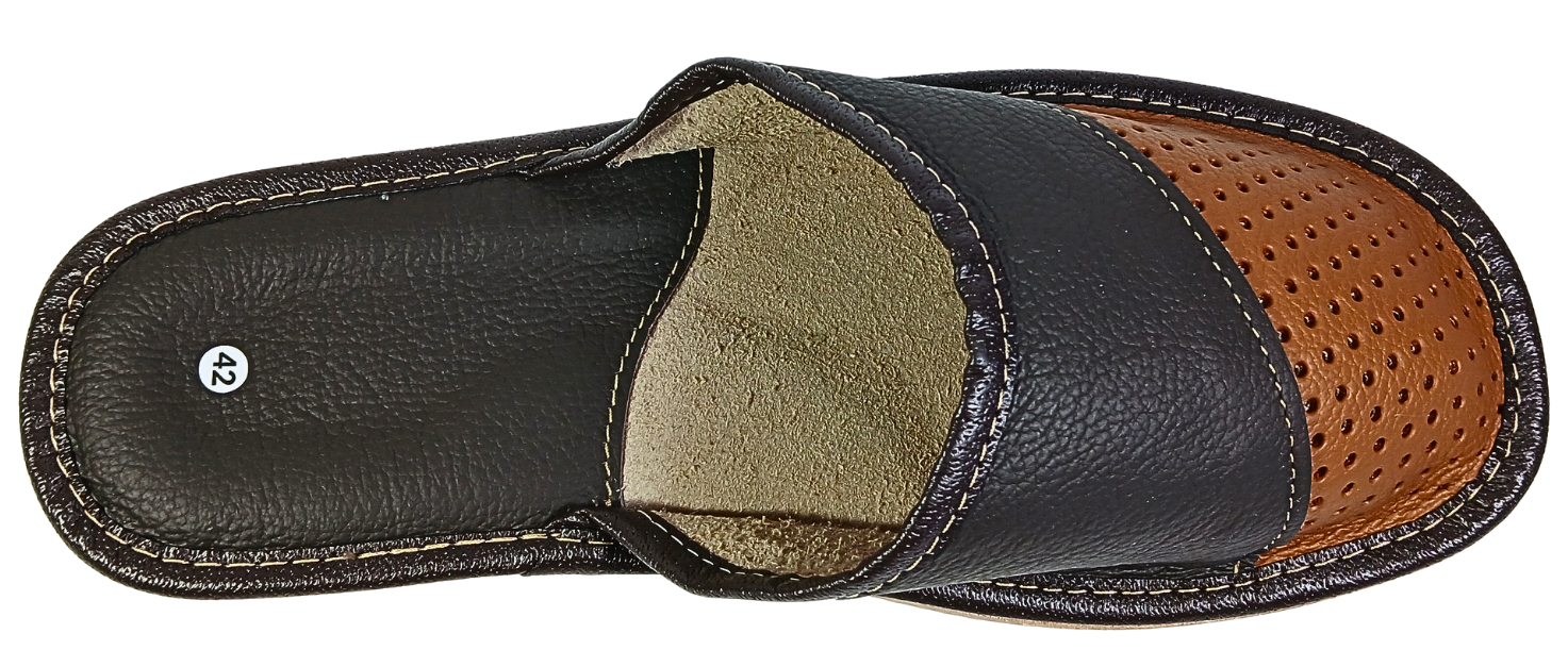 Front toe view of men's two-tone brown perforated leather slipper with black strap and tan rubber sole — The Leather Gift Co