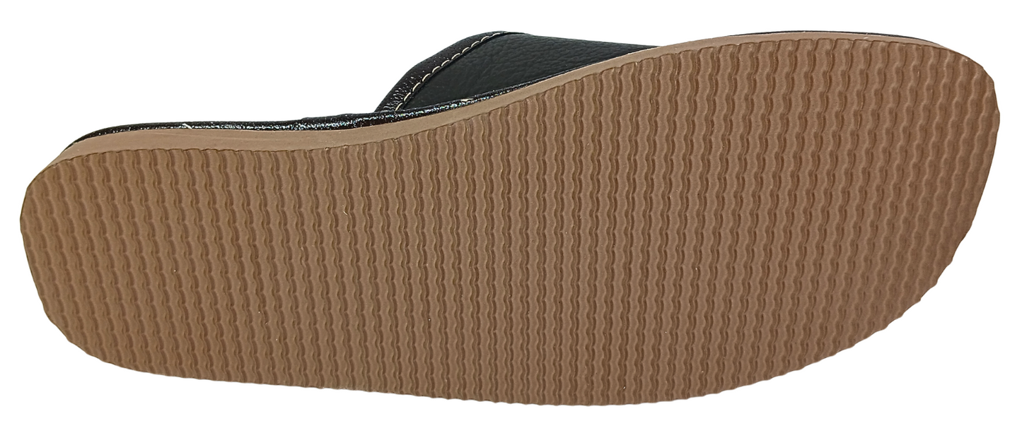 Three-quarter front view of men's black and beige perforated leather open-toe slipper with dark rubber sole and contrast stitching — The Leather Gift Co
