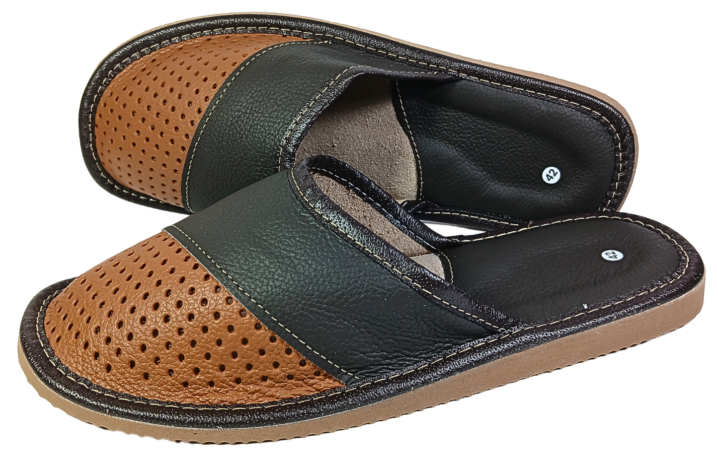 Side profile view of men's two-tone black and brown open-toe leather slipper with perforated toe panel and tan rubber outsole — The Leather Gift Co