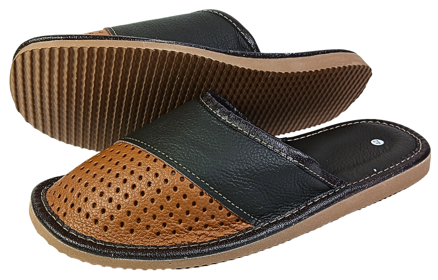 Rear three-quarter view of men's two-tone black and brown perforated leather slipper showing rubber sole and hand-stitched perimeter — The Leather Gift Co
