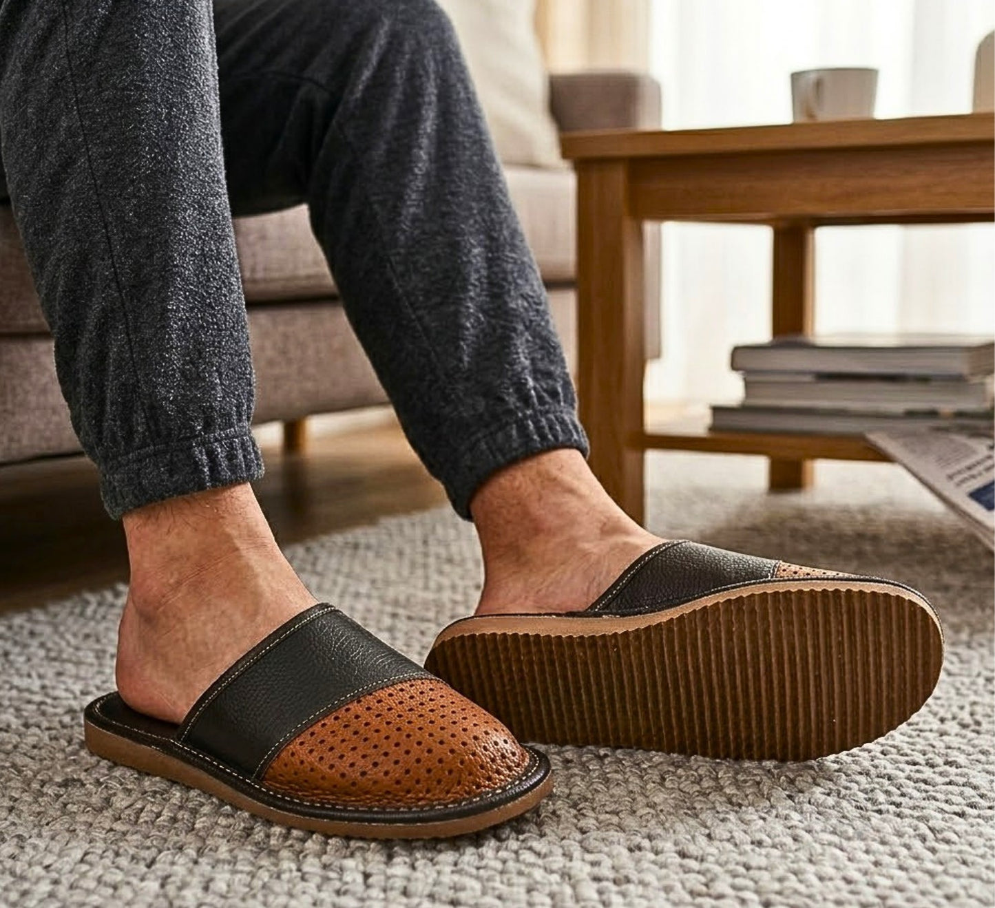 A person wearing brown and black slip-on mule slippers with perforated detailing, shown in a cozy living room setting with a sofa and wooden table in the background.
