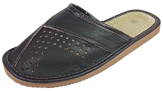 Three-quarter rear view of men's dark brown closed-toe leather slipper showing cream leather footbed and tan ribbed rubber outsole — The Leather Gift Co