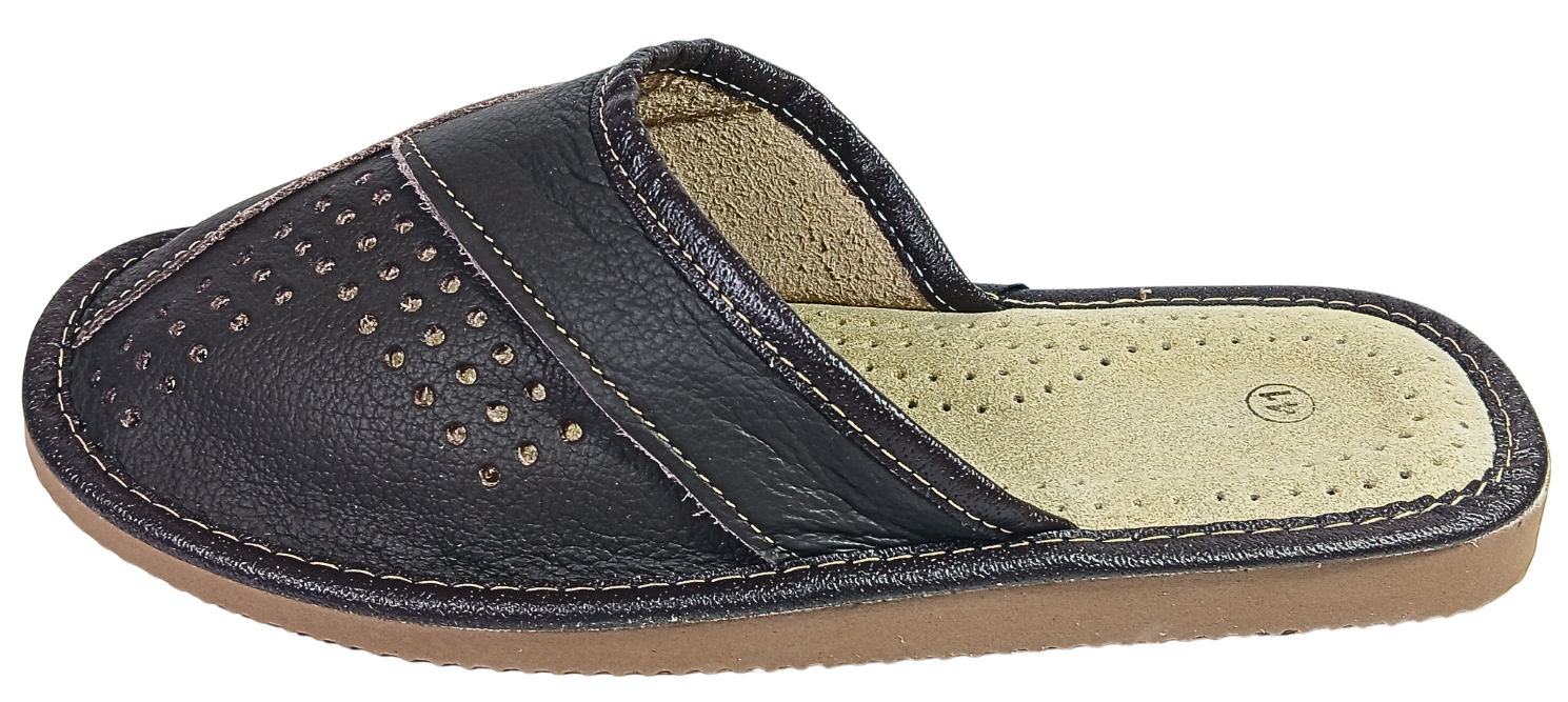 Pair of men's dark brown closed-toe leather slippers showing perforated vamp, cream footbed and tan ribbed rubber outsole — The Leather Gift Co